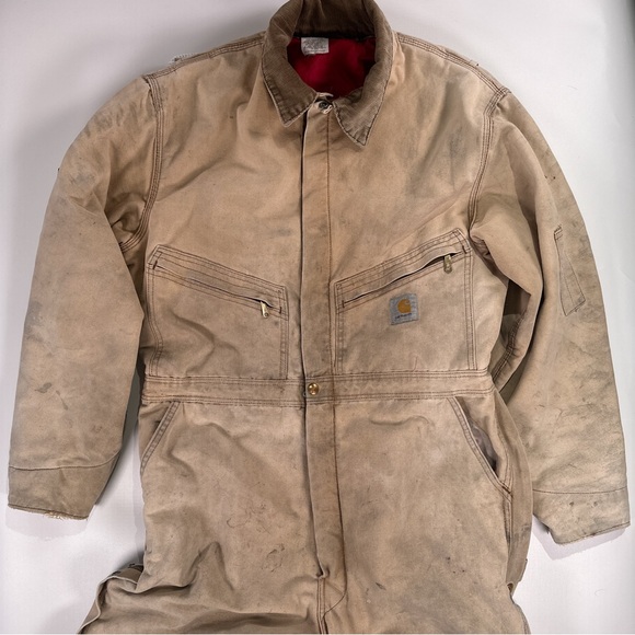Carhartt Mens Coveralls Vintage Duck Canvas Insulated Tan 44R - Picture 3 of 16